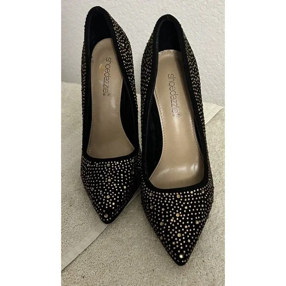 Shoedazzle Women's 6.5 Black with Gold Rhinestone Rochella Pumps Holiday - Picture 10 of 10